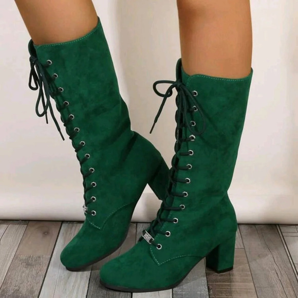 Fashionable Comfortable Green Round Toe Velvet Lace-Up Booties - Picture 3 of 7